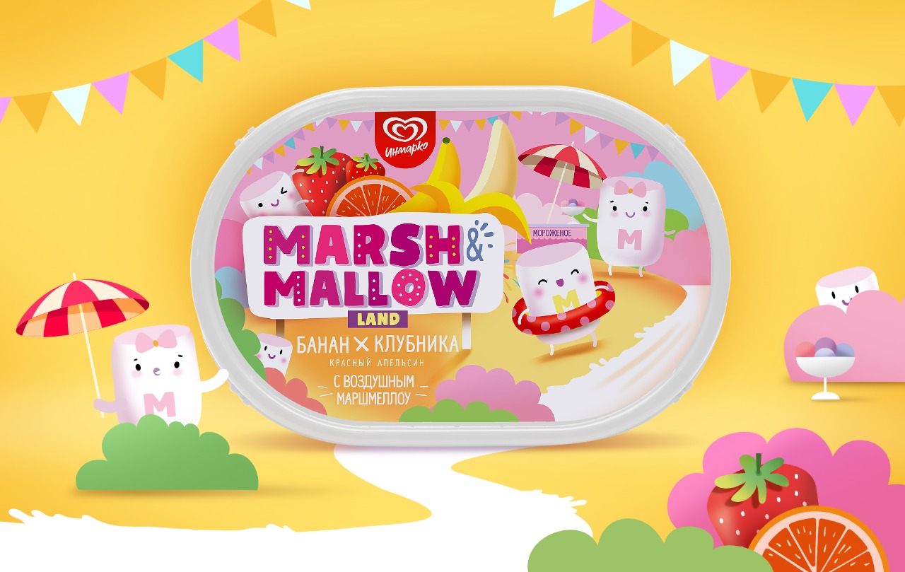 MARSH&MALLOW LAND с бананом и клубникой: дизайн упаковки мороженого от Инмарко - Портфолио Depot