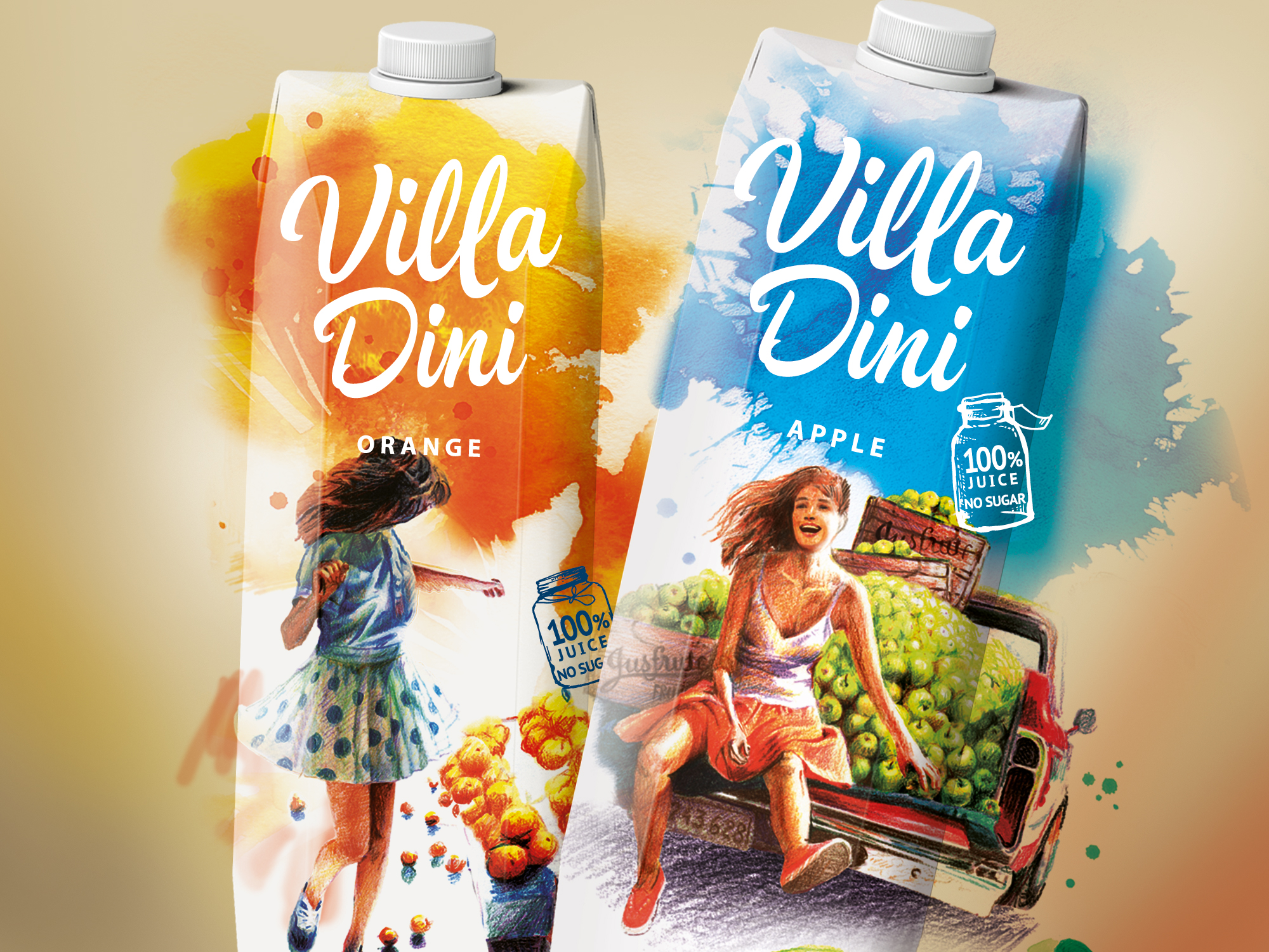 разработка бренда и дизайн упаковки соков и нектаров Villa Dini для компании Оазис (Oasis), позиционирование, нейминг, дизайн, креатив, иллюстрация